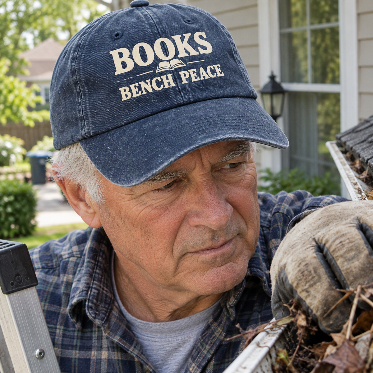 Navy vintage washed cap with printed Books Bench Peace slogan worn by senior man outdoors.