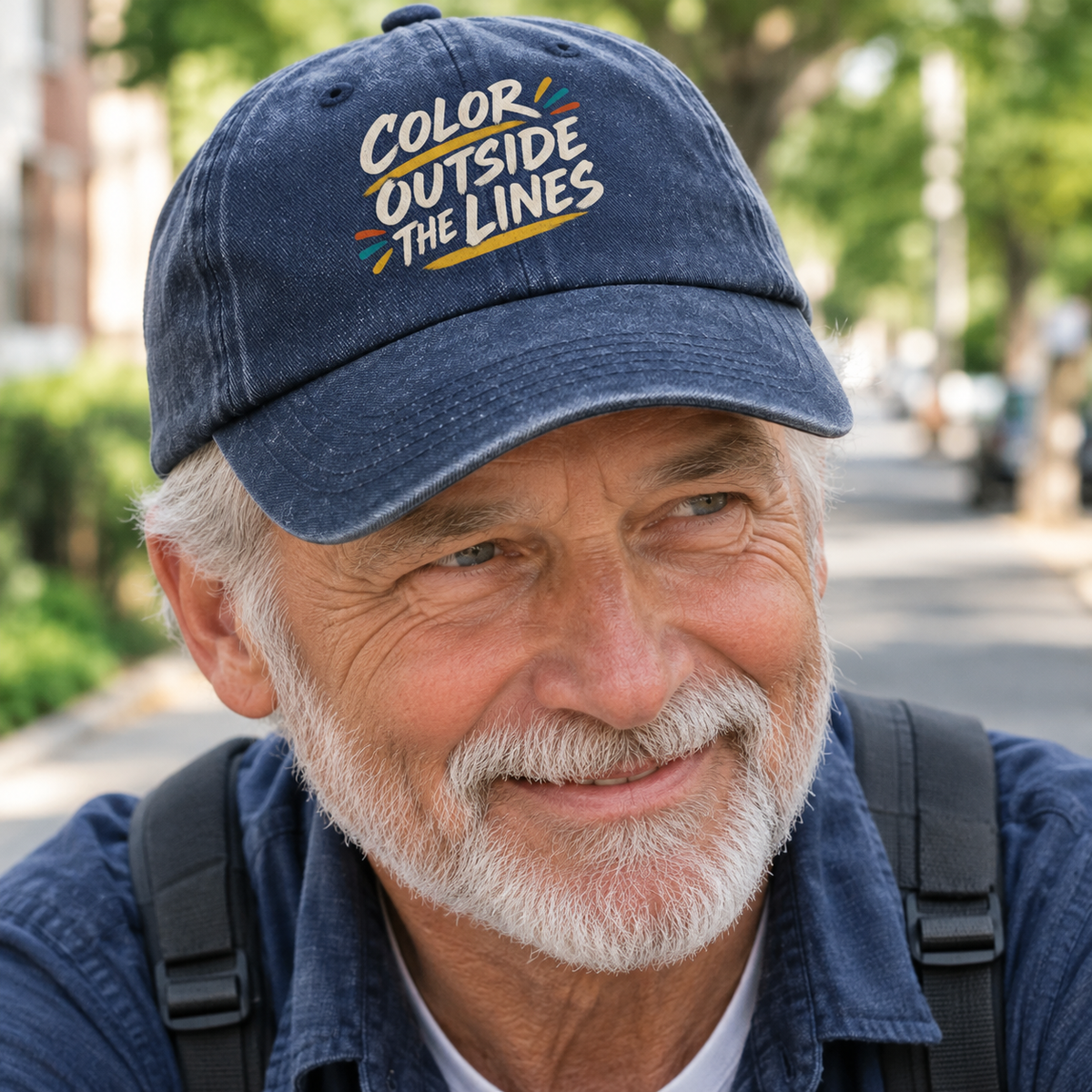 Navy vintage washed cap with printed Color Outside the Lines design worn by senior man