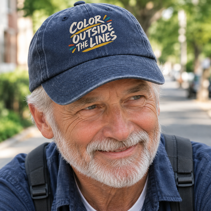 Navy vintage washed cap with printed Color Outside the Lines design worn by senior man