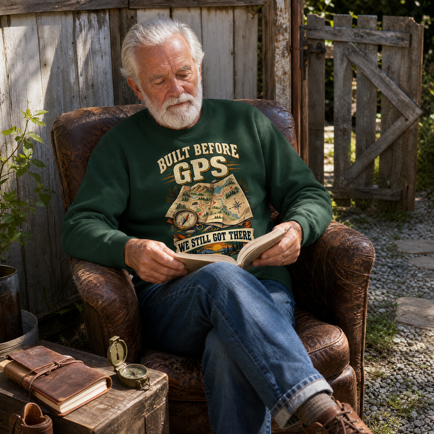 Senior man wearing green vintage sweatshirt with printed GPS slogan, reading outdoors.