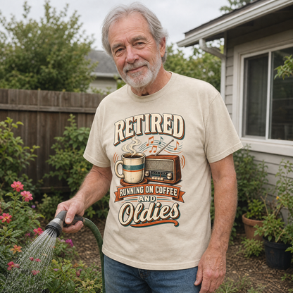 Beige vintage t-shirt with printed Retro Running On Coffee And Oldies design worn by senior man gardening