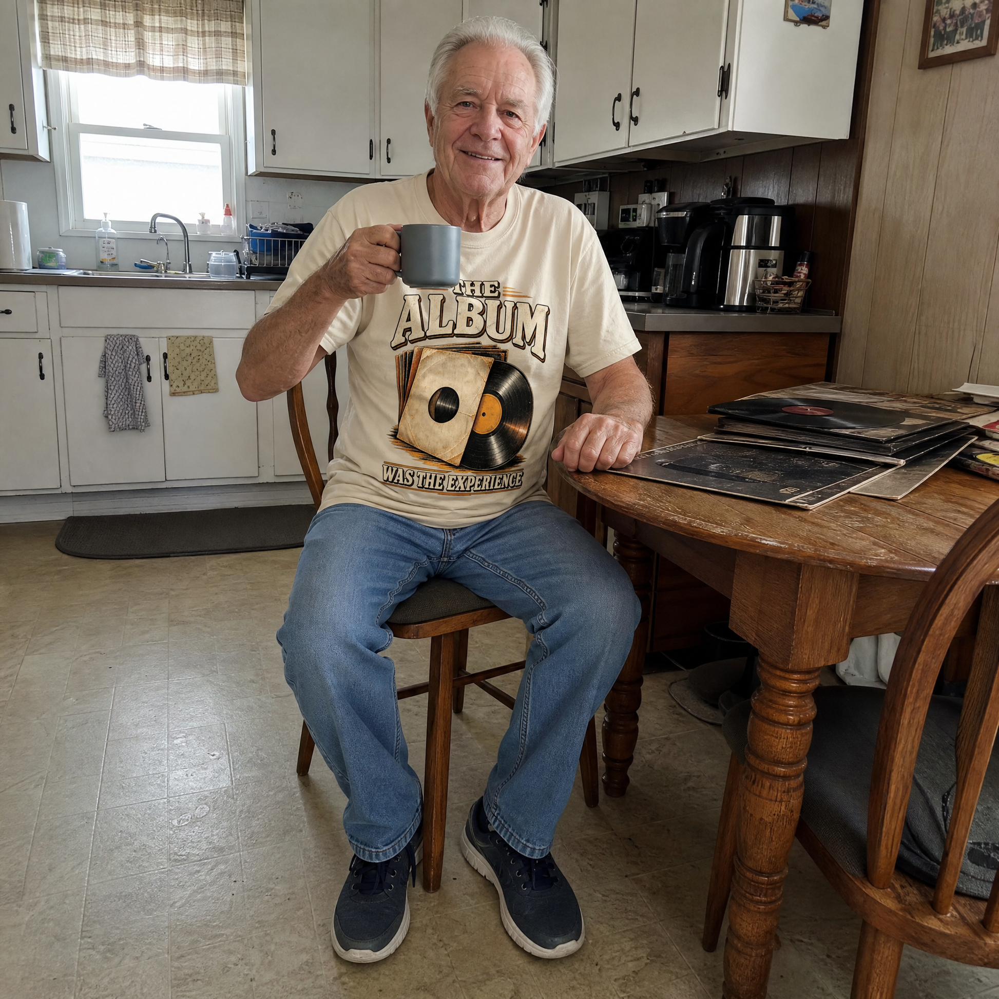 Senior man wearing a cream vintage t-shirt with The Album Was The Experience print