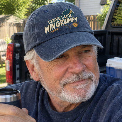 Blue vintage washed cap with “Serve Slow Win Grumpy” printed, worn by a senior man outdoors.