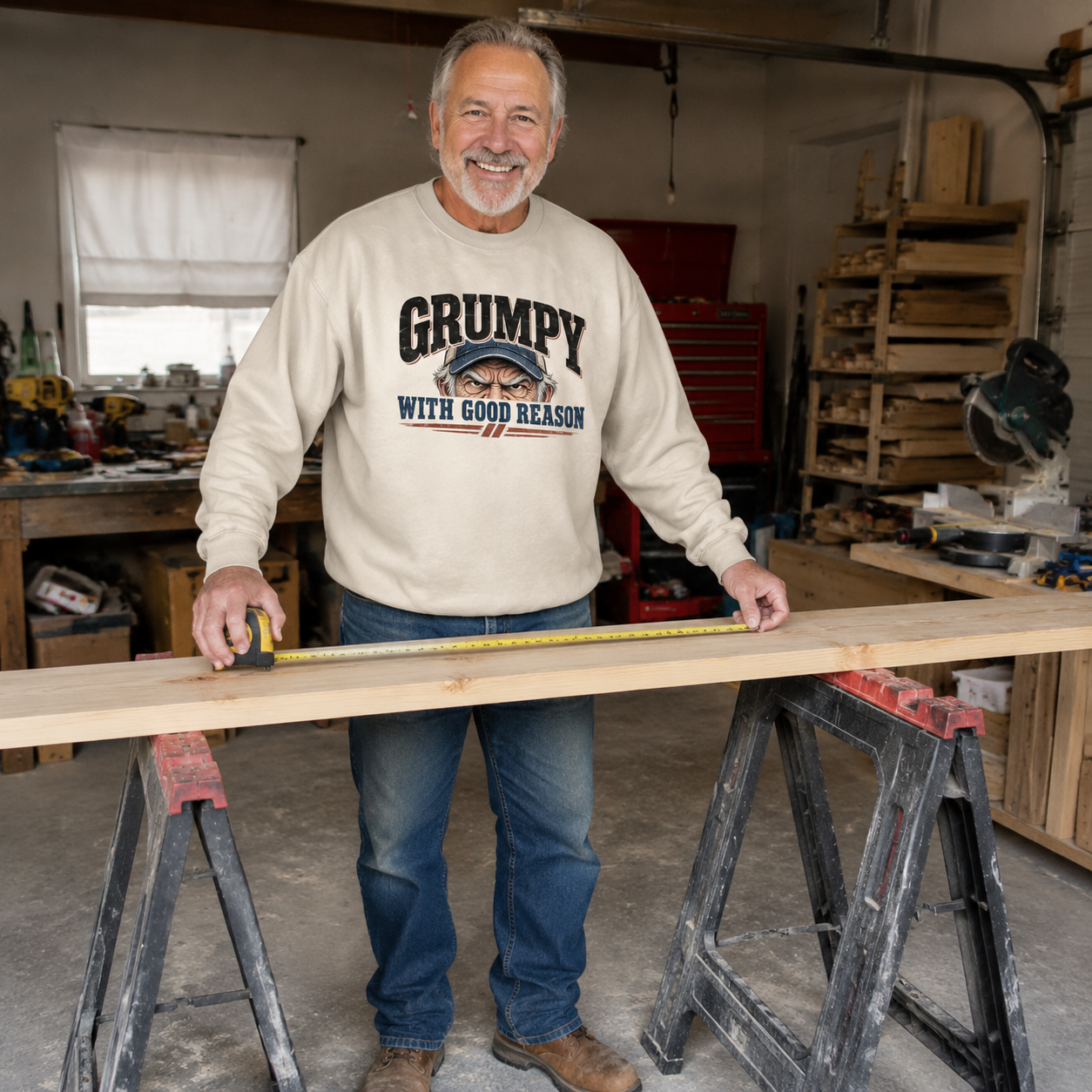 Senior man wearing white vintage sweatshirt with printed Grumpy With Good Reason in workshop
