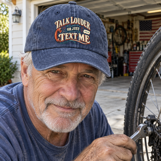 Senior wearing blue vintage washed cap printed Talk Louder Or Just Text Me by bicycle
