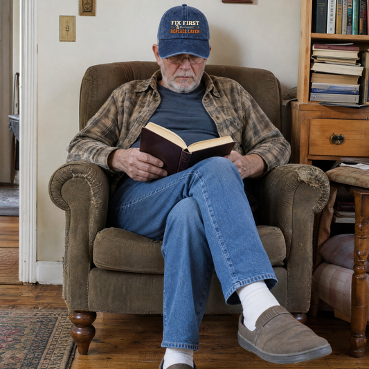 Senior man wearing blue vintage washed cap with printed Fix First. Replace Later slogan