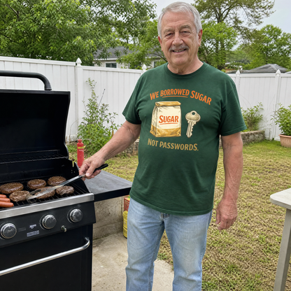 Senior man wearing green vintage t-shirt with printed sugar and password slogan, grilling outdoors.