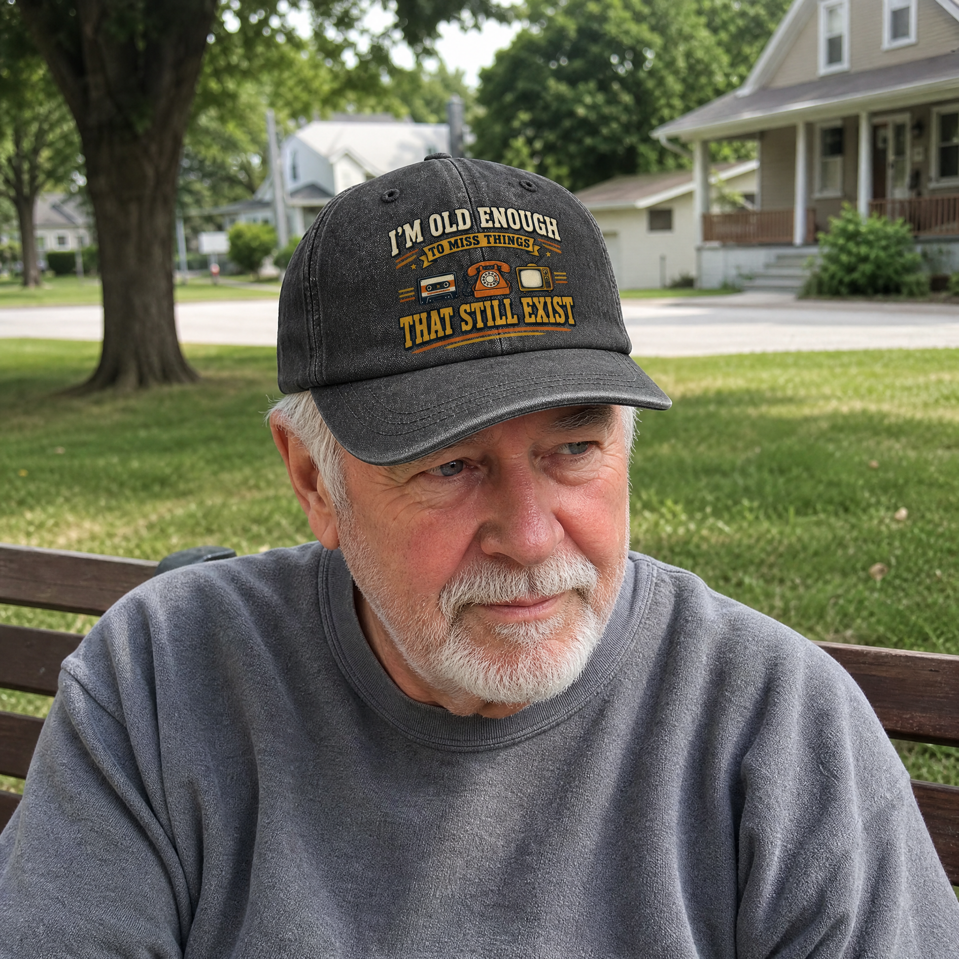 42 miss things that still exist ideogram 4x TRIM pad80 printed vintage washed cap, lifestyle angled view