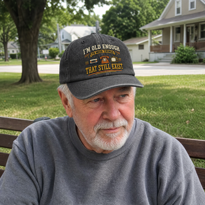 42 miss things that still exist ideogram 4x TRIM pad80 printed vintage washed cap, lifestyle angled view