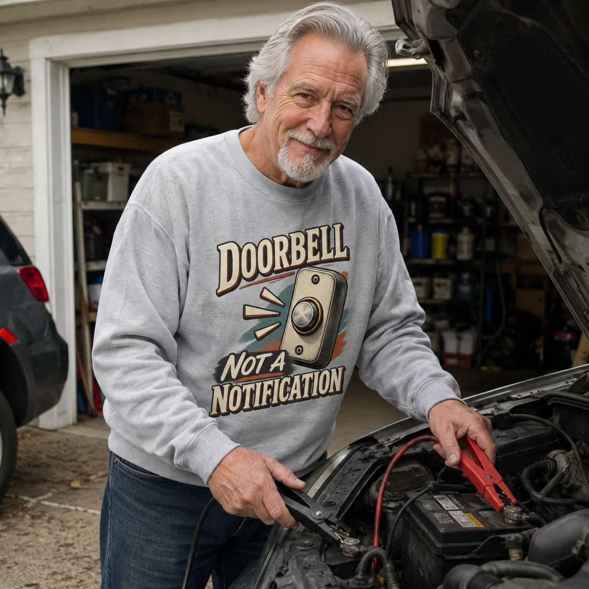 Senior man wearing gray vintage sweatshirt printed with Doorbell. Not A Notification, working on car