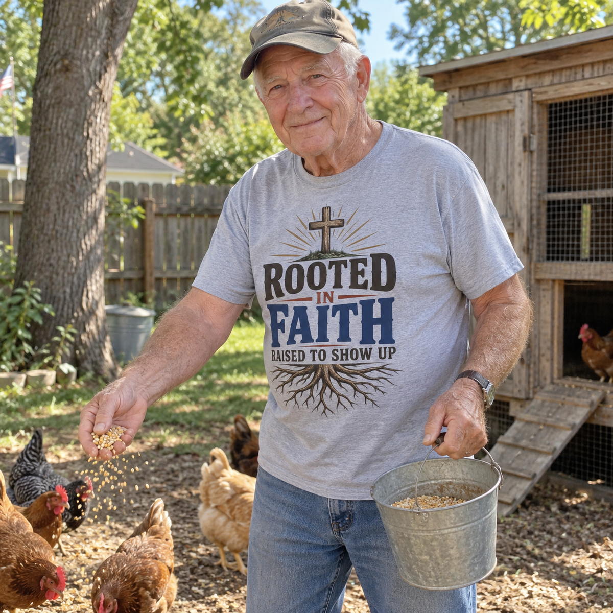Senior man feeding chickens outdoors wearing gray vintage t-shirt printed Rooted In Faith
