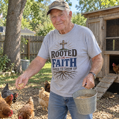Senior man feeding chickens outdoors wearing gray vintage t-shirt printed Rooted In Faith