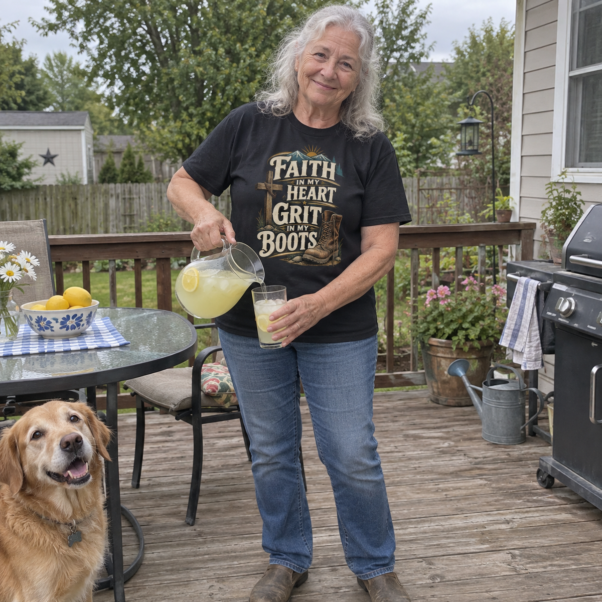 Senior woman pours lemonade wearing black vintage t-shirt with printed faith and boots design