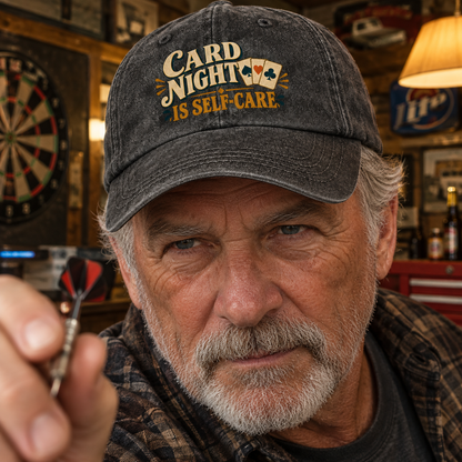 Vintage washed cap with printed Card Night Is Self-Care slogan worn by senior man