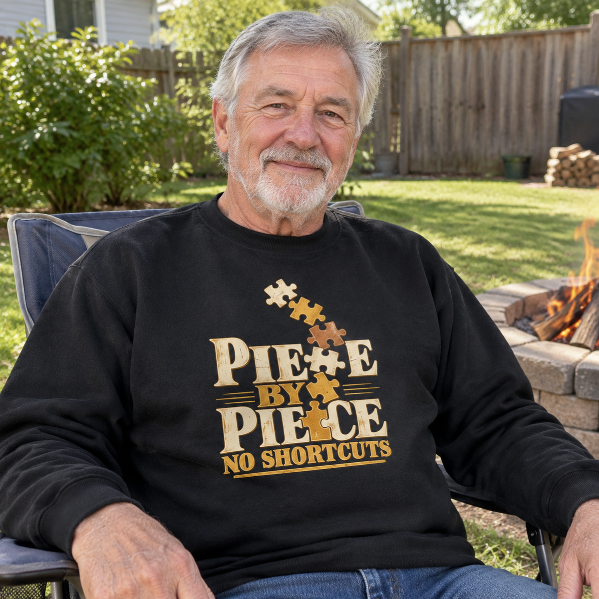 Black vintage sweatshirt with printed Piece By Piece No Shortcuts, worn by senior man outdoors