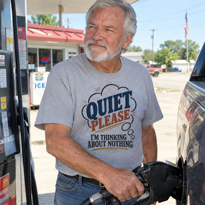 Gray vintage t-shirt printed Quiet Please. I'm Thinking About Nothing, worn by senior man