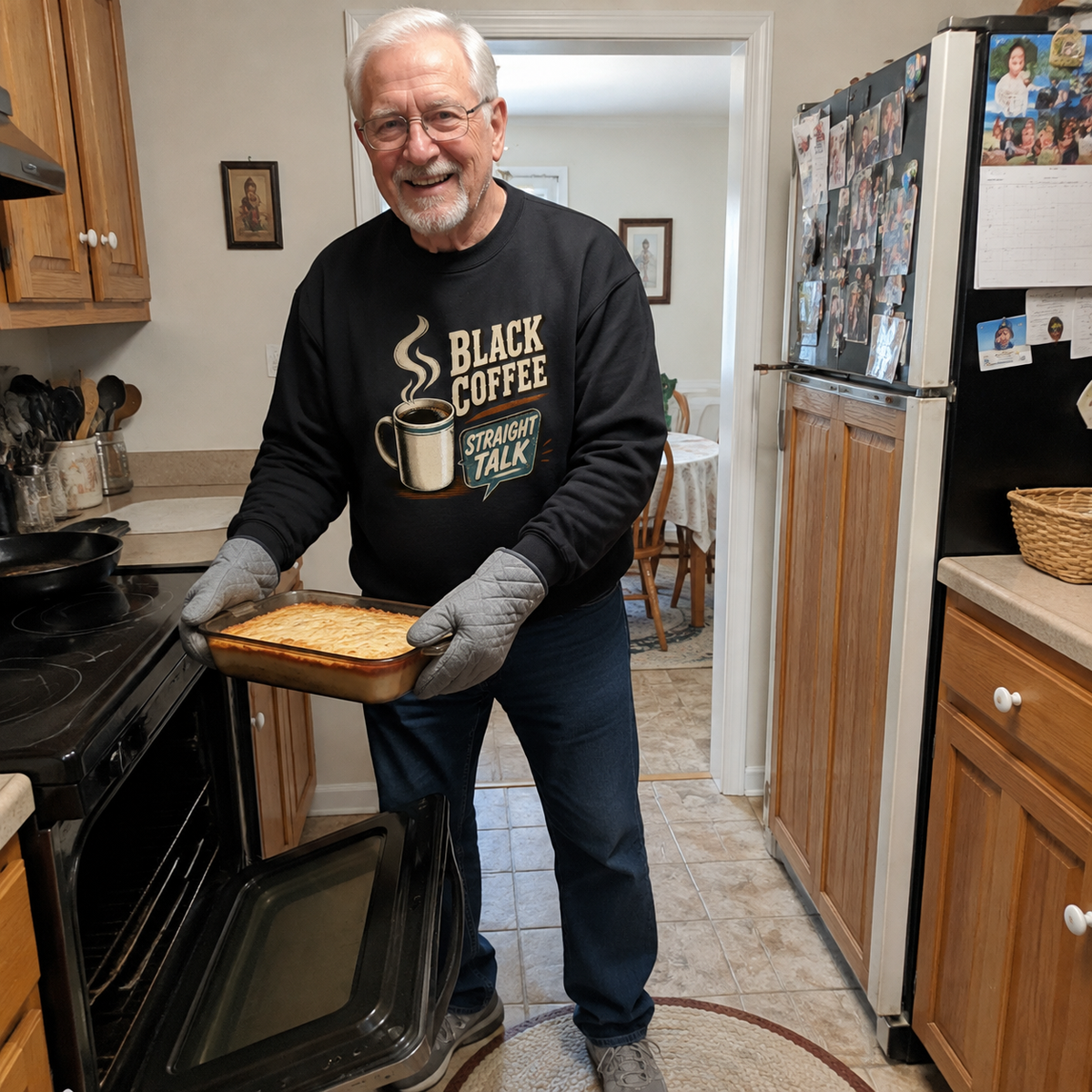 Senior man wearing black vintage sweatshirt with printed Black Coffee Straight Talk design in kitchen