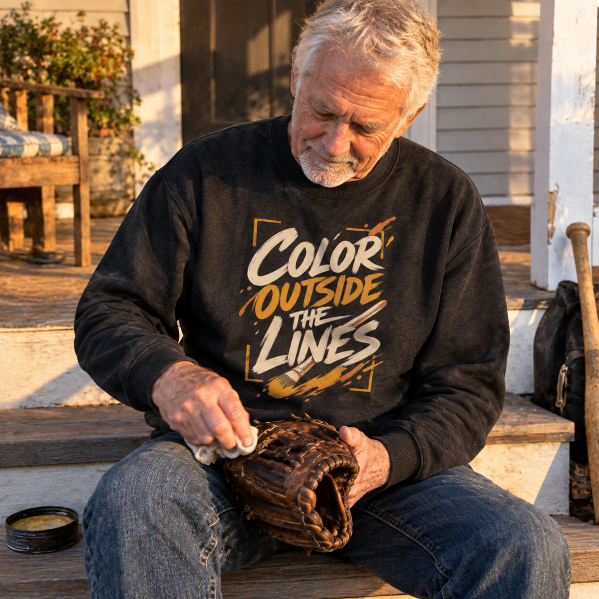 Black vintage sweatshirt with Color Outside The Lines print worn by senior man outdoors