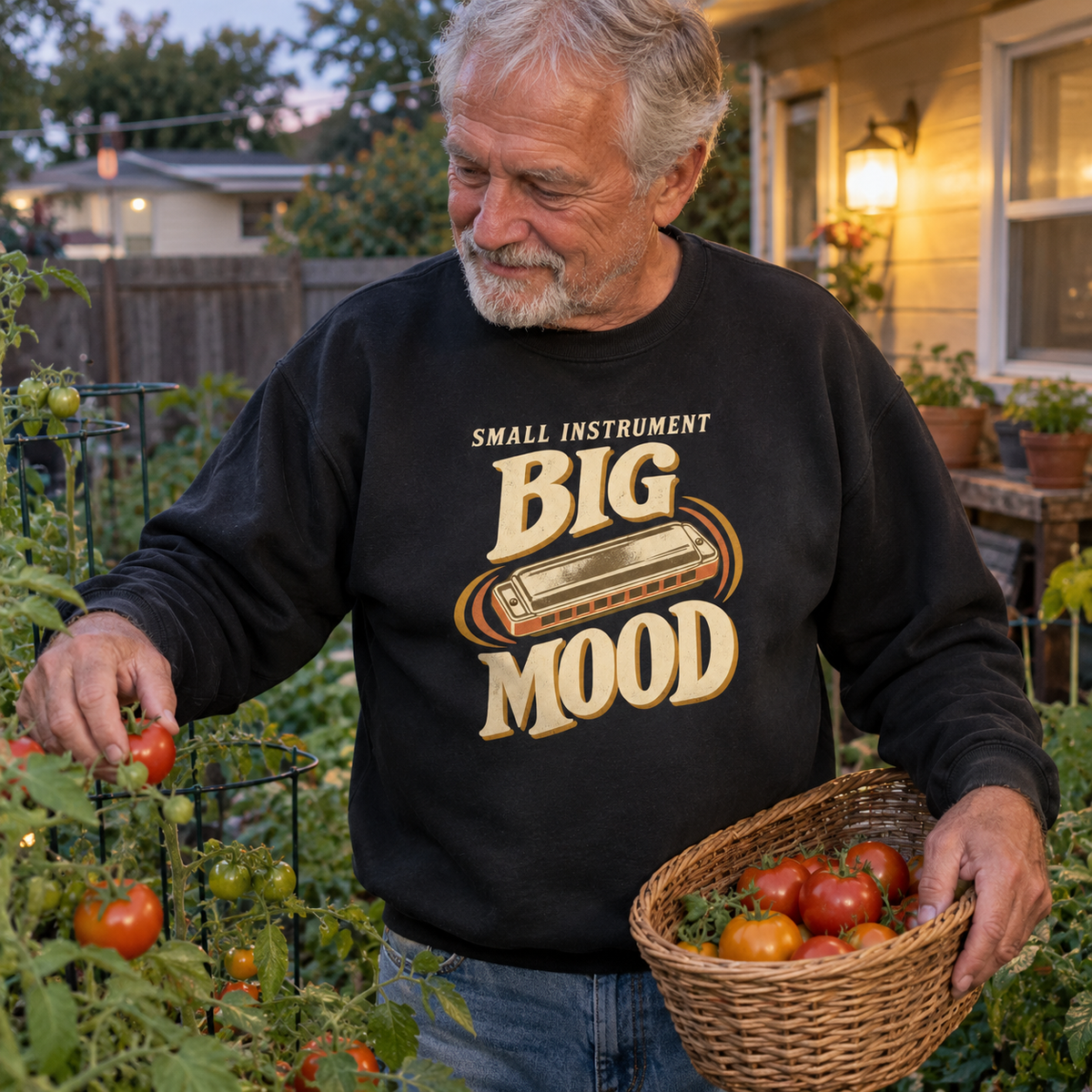 Black vintage sweatshirt with printed Small Instrument Big Mood design worn by senior man gardening