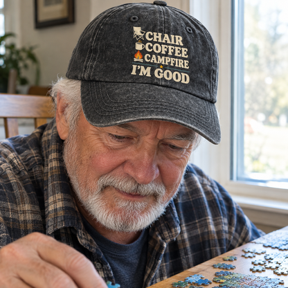 Senior wearing vintage washed cap with Chair Coffee Campfire. I'm Good printed design