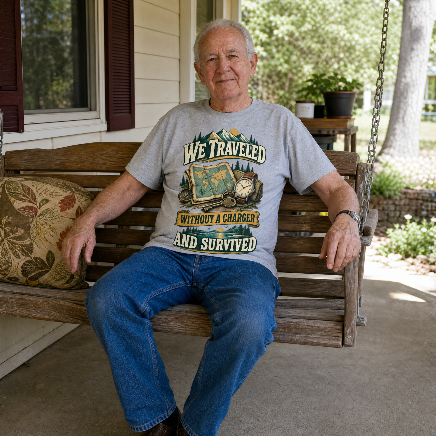 Senior man wearing gray vintage t-shirt with printed travel slogan sitting outdoors on porch