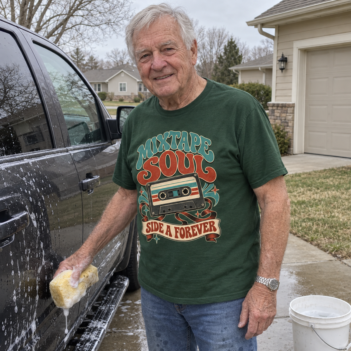 Senior man washing truck in green vintage t-shirt printed with Mixtape Soul Side A Forever