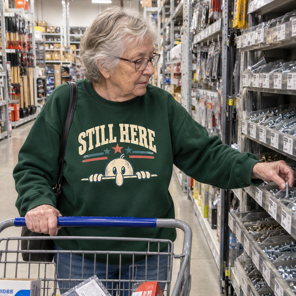 Senior woman wearing green vintage sweatshirt with printed Still Here design in hardware store.