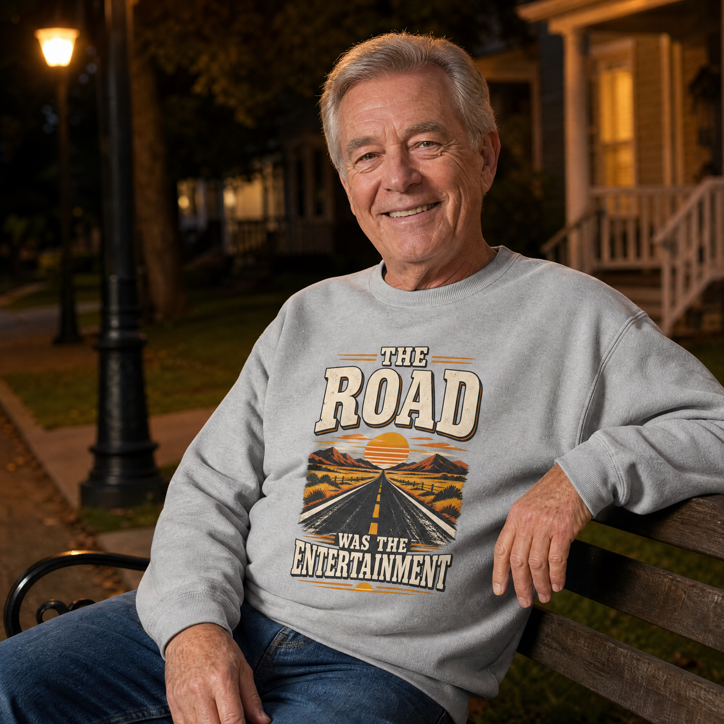 Gray vintage sweatshirt with printed road design and “The Road Was The Entertainment” slogan