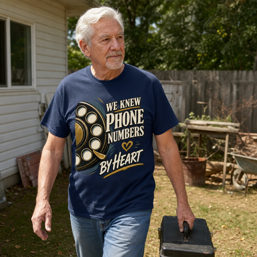 Senior man wearing navy vintage t-shirt with printed “We Knew Phone Numbers By Heart” design outdoors