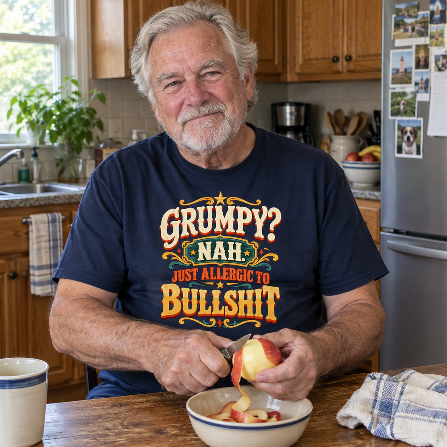 Senior man peeling apple wearing navy vintage t-shirt printed Grumpy? Nah. Just Allergic To Bullshit