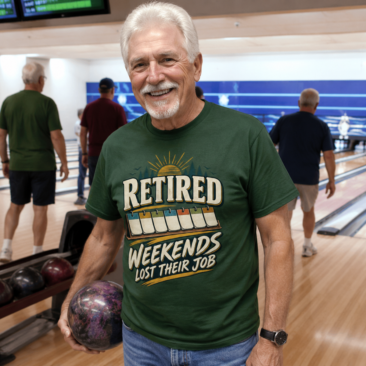 Senior man wearing green vintage t-shirt with printed Retired Weekends design at bowling alley