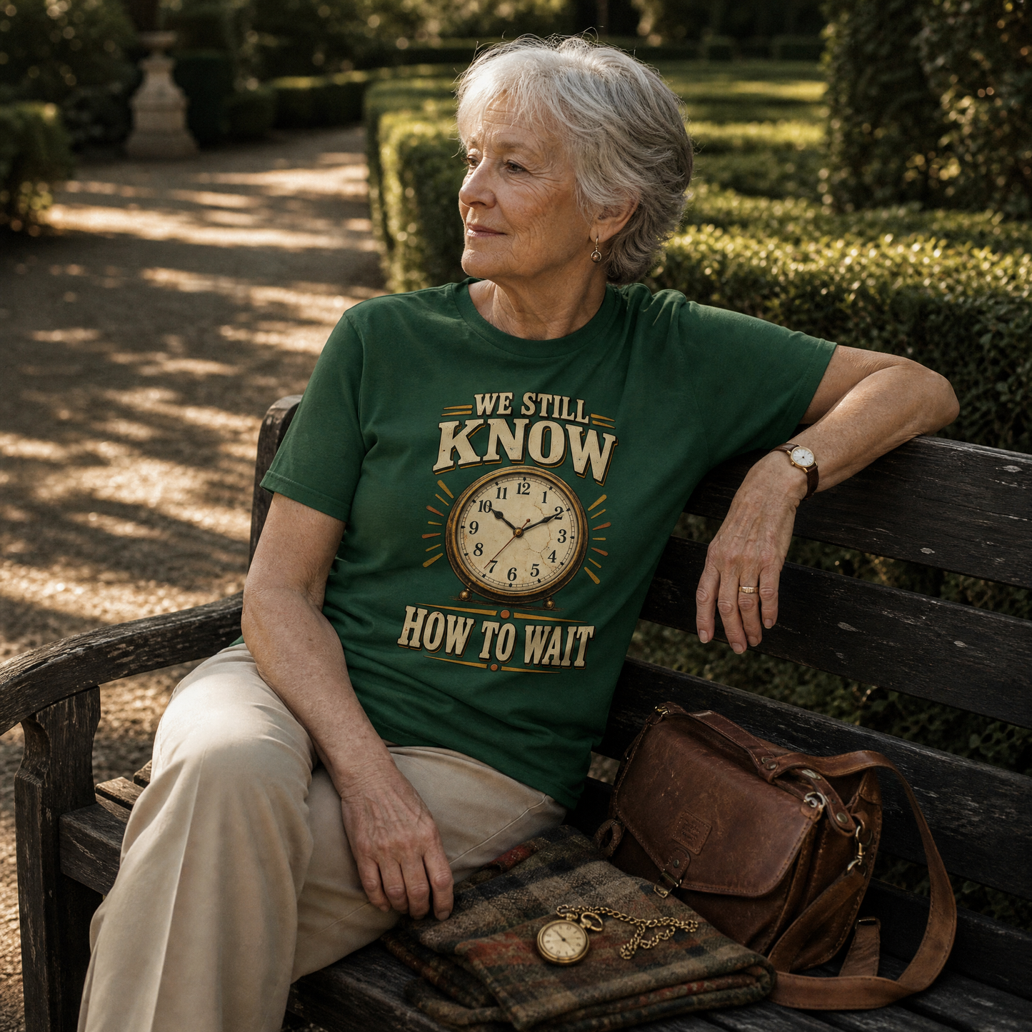 Green vintage t-shirt with printed We Still Know How To Wait slogan, senior woman outdoors