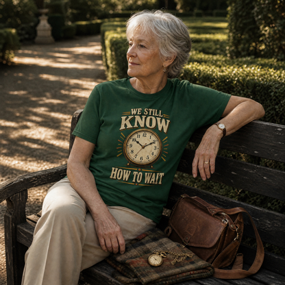 Green vintage t-shirt with printed We Still Know How To Wait slogan, senior woman outdoors