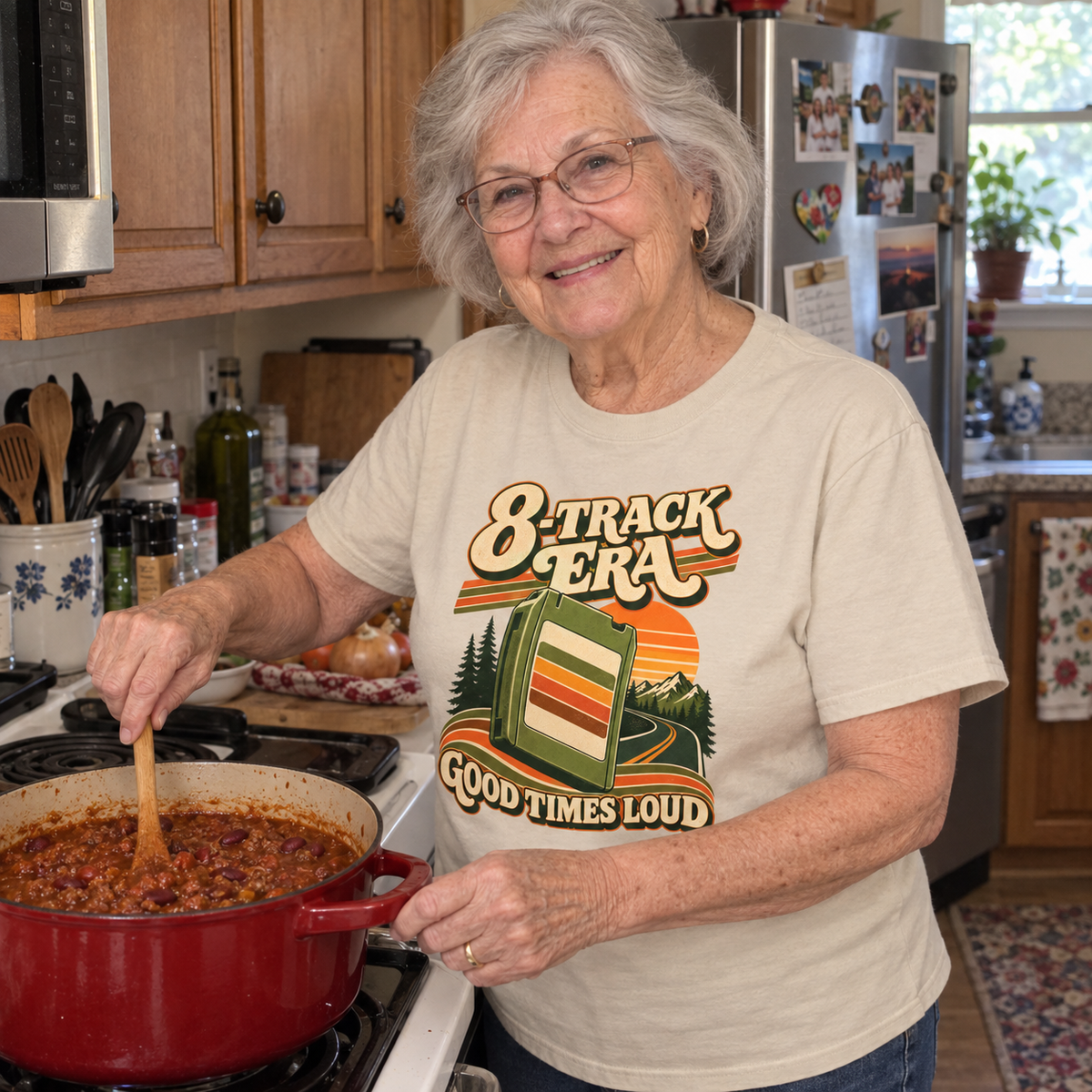 Senior wearing vintage t-shirt with 8-Track Era Good Times Loud printed design