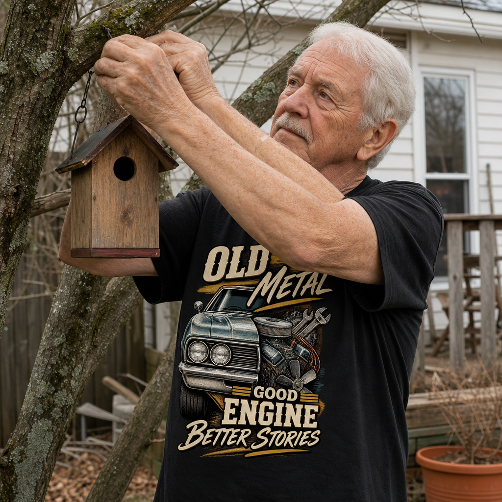 Senior man wearing black vintage t-shirt with printed Old Metal Good Engine Better Stories, hanging birdhouse outdoors