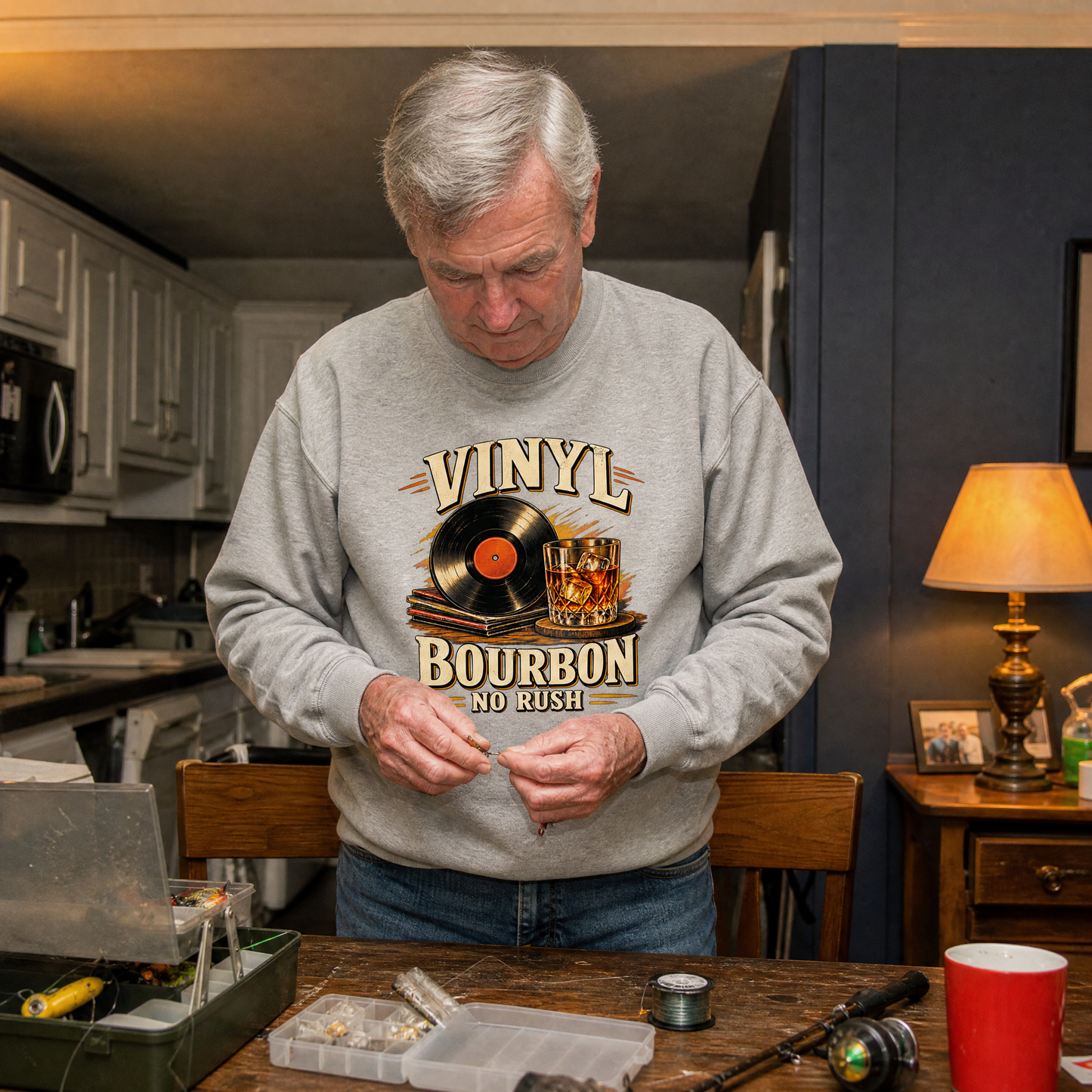 Gray vintage sweatshirt with printed Vinyl Bourbon No Rush design worn by senior man