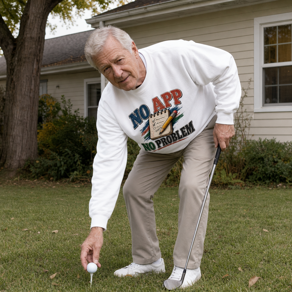 Senior man wearing white vintage sweatshirt with printed No App. No Problem slogan while golfing outside