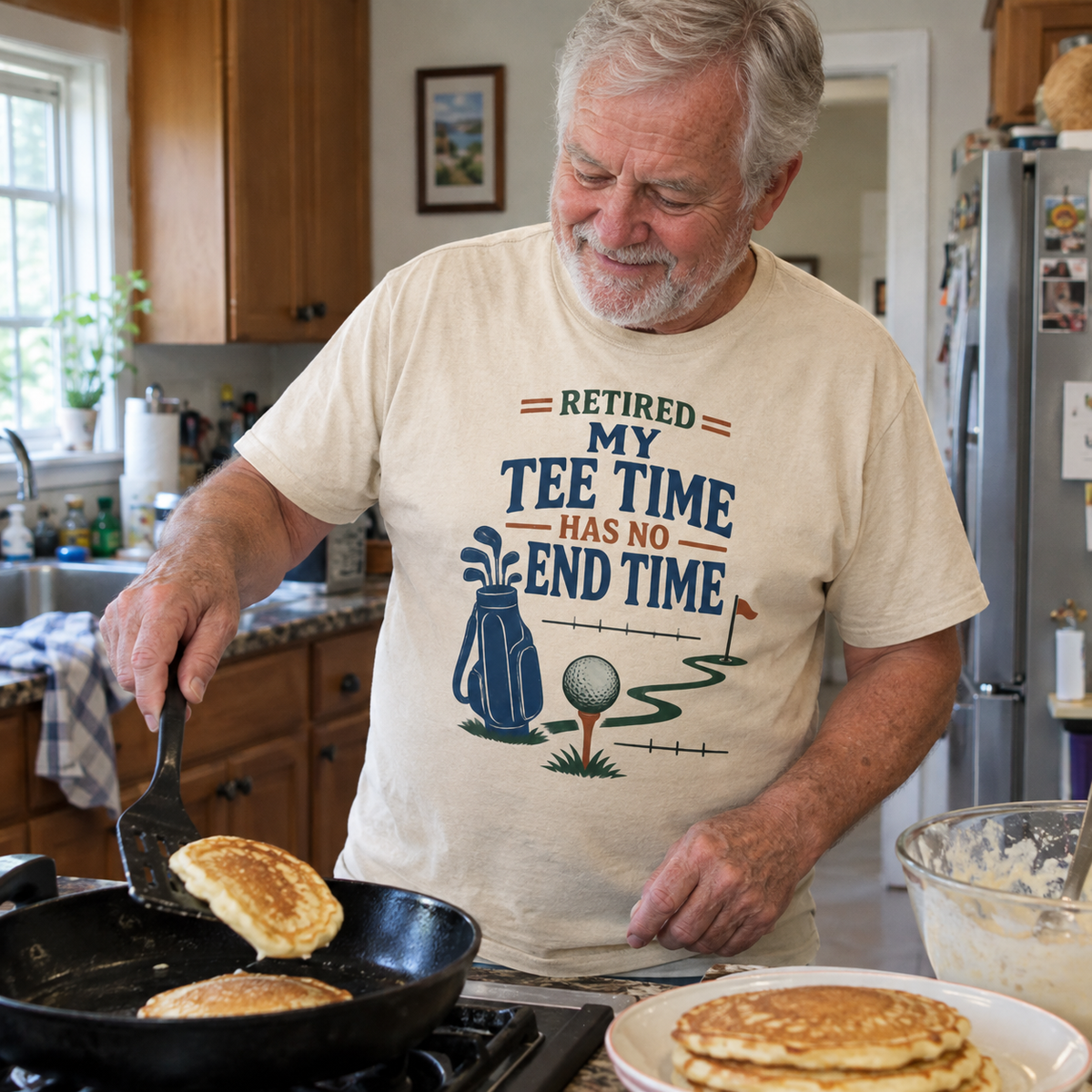 Senior man wearing cream vintage t-shirt with printed golf slogan while cooking pancakes.