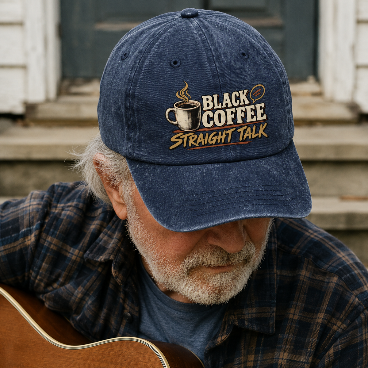 Senior wearing vintage washed cap with Black Coffee. Straight Talk printed design