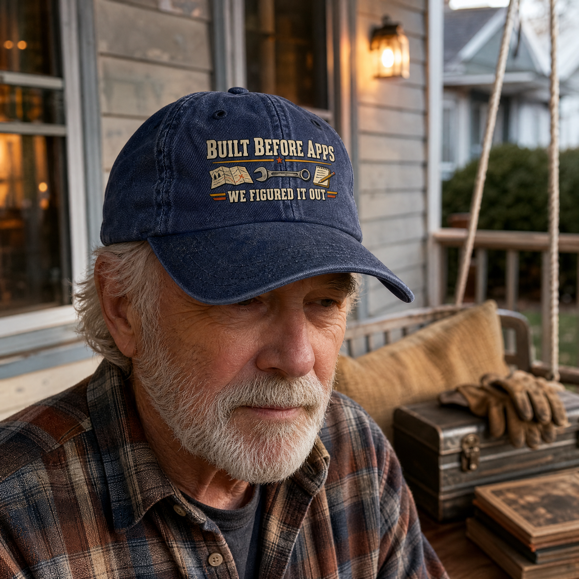 Navy vintage washed cap with printed Built Before Apps slogan worn by senior man outdoors