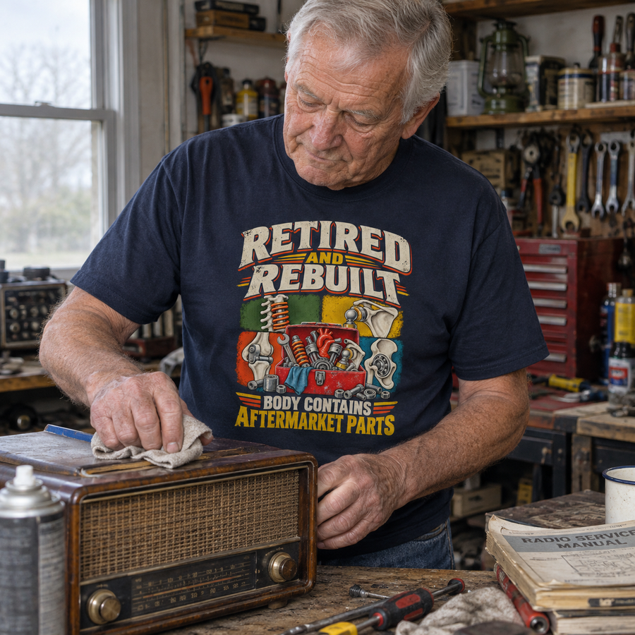 Navy vintage T-shirt with printed “Retired And Rebuilt. Body Contains Aftermarket Parts” design on senior man in workshop
