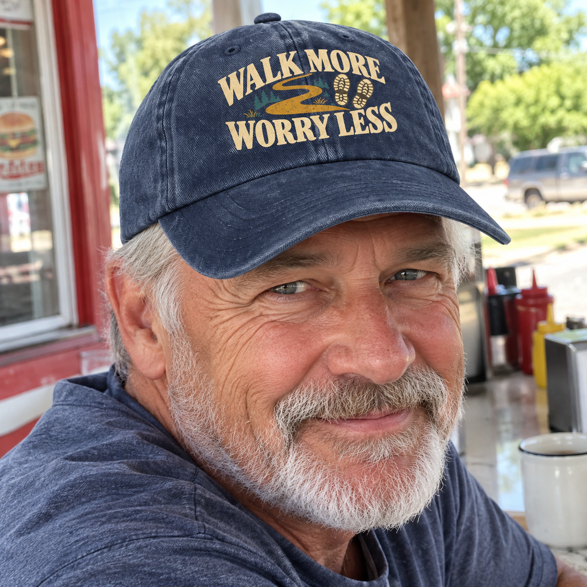 Dark blue vintage washed cap printed with Walk More. Worry Less, worn by senior man
