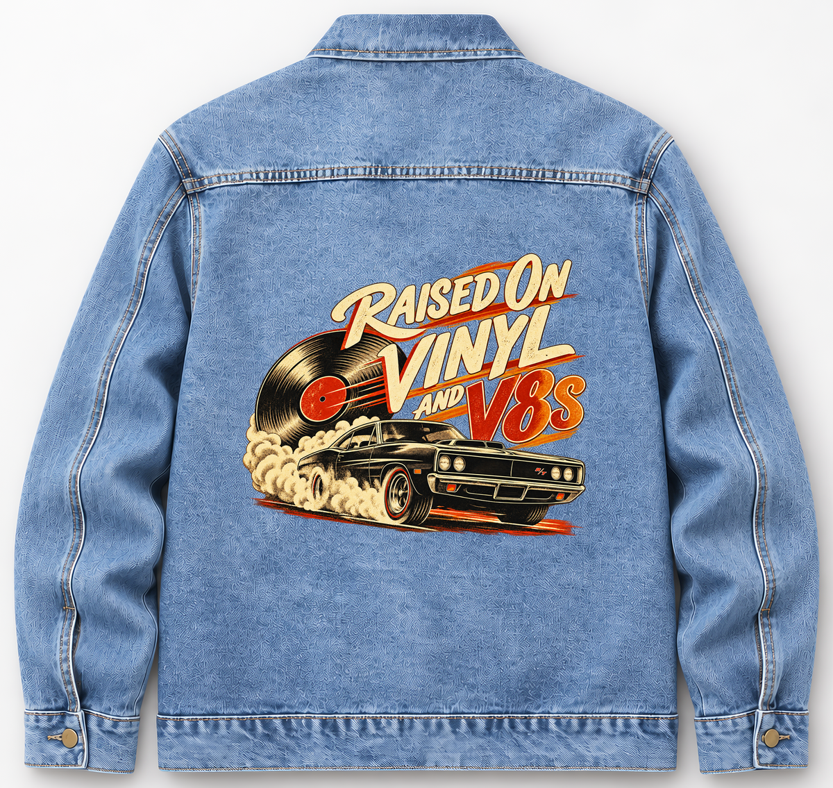 Back of medium denim wash vintage denim jacket with Raised on Vinyl and V8s printed design