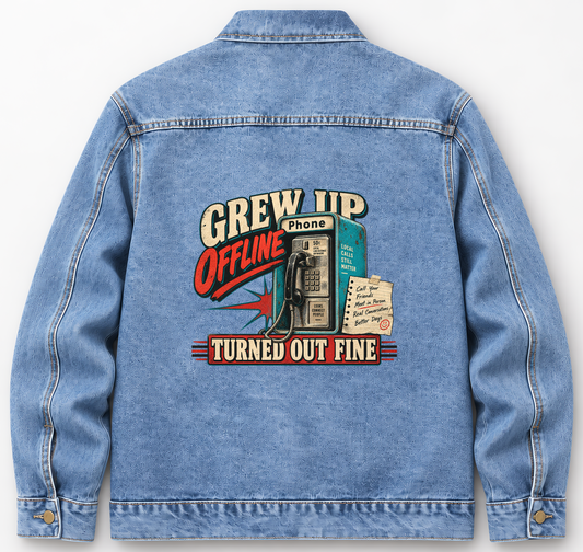 Back of Medium Denim Wash vintage denim jacket with Grew Up Offline. Turned Out Fine printed design