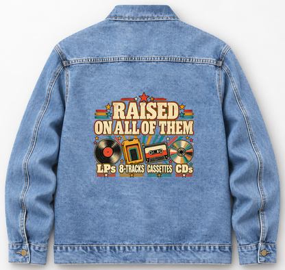 Back of Medium Denim Wash vintage denim jacket with Raised On All Of Them printed design