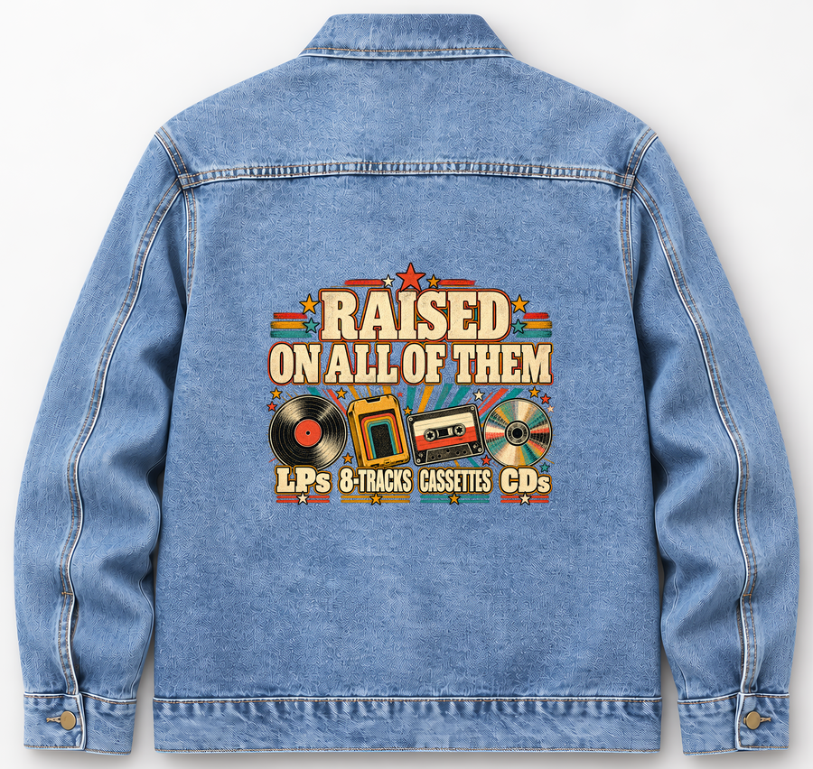 Back of Medium Denim Wash vintage denim jacket with Raised On All Of Them printed design