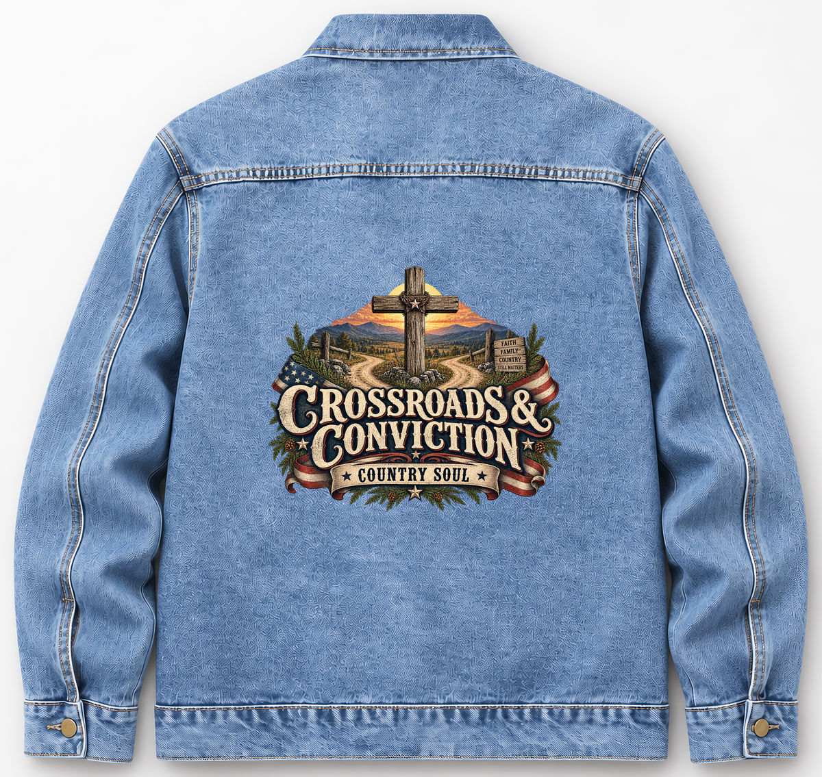 Back of Medium Denim Wash vintage denim jacket with Crossroads & Conviction. Country Soul printed design