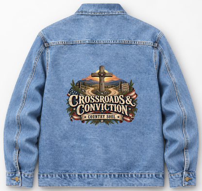 Back of Medium Denim Wash vintage denim jacket with Crossroads & Conviction. Country Soul printed design