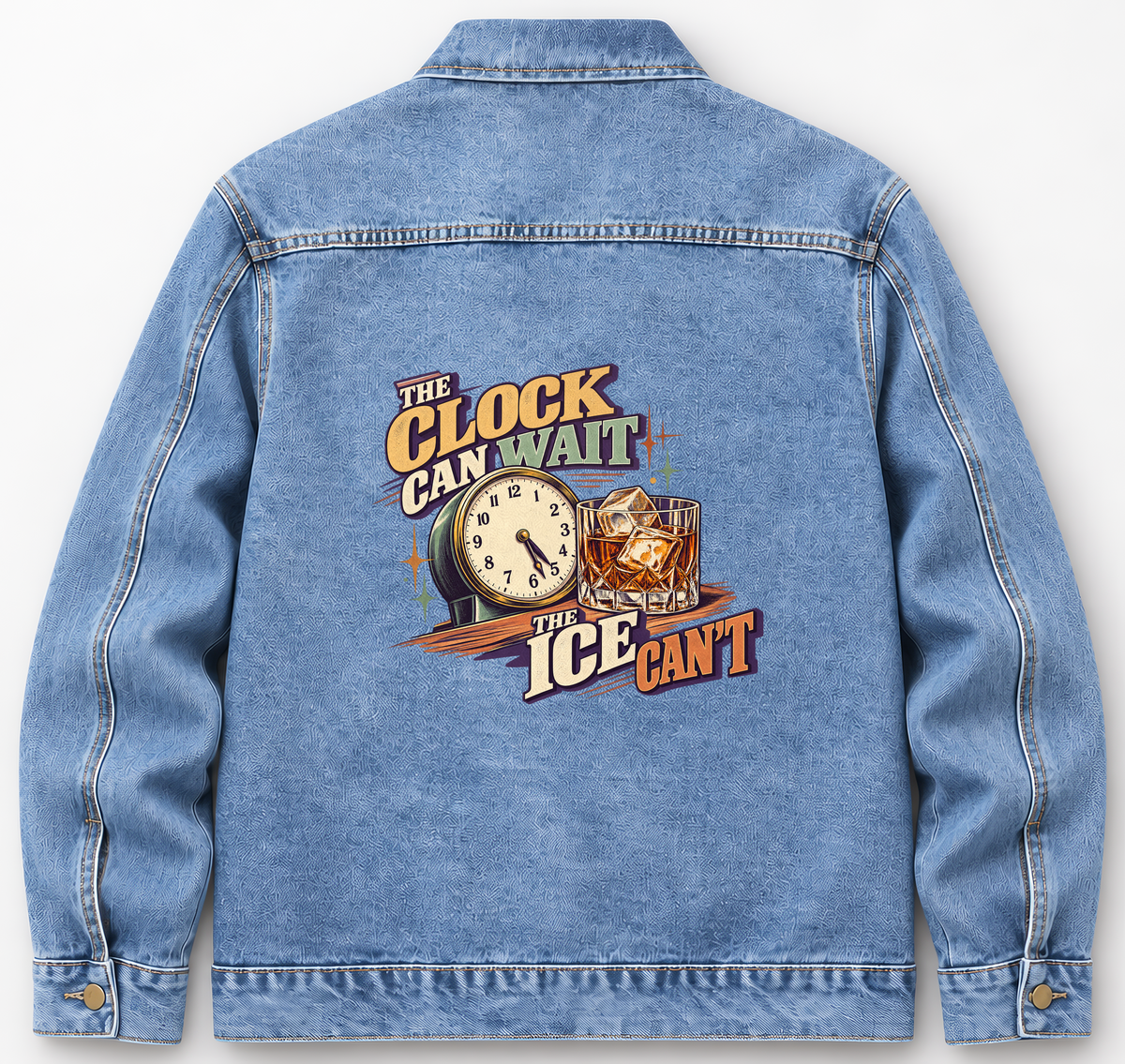 Back of Medium Denim Wash vintage denim jacket with The Clock Can Wait The Ice Can’t printed design