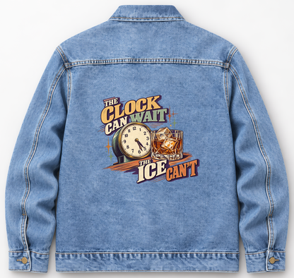 Back of Medium Denim Wash vintage denim jacket with The Clock Can Wait The Ice Can’t printed design